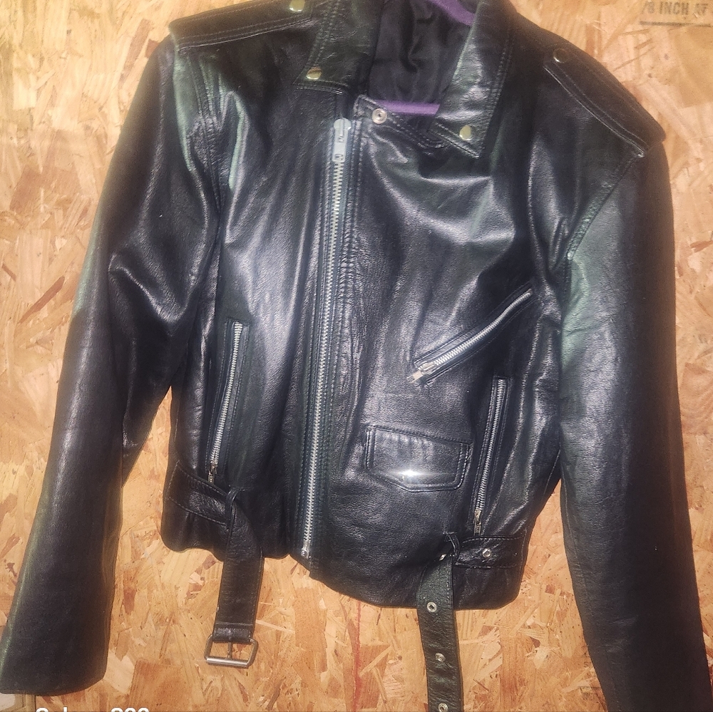 VINTAGE Black Leather Jacket with Belt